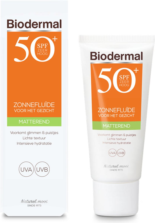 Biodermal Zonnebrand - Matterende Zonnefluïde voor het gezicht SPF 50 - 40ml - Voorkomt glimmen en puistjes