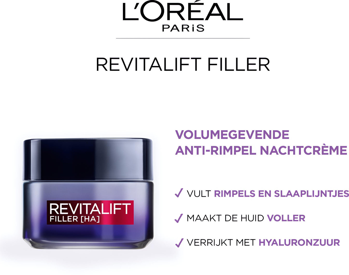 L’Oréal Paris Revitalift Filler Hyaluronzuur Nachtcrème Anti-veroudering - Nightcream - met Hyaluronzuur - voor meer Hydratatie en Volume - 50ml