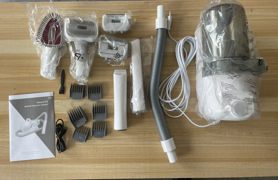 MicroData 2,5L multifunctionele verzorgings- en stofzuigerset voor huisdieren met elektrische borstels en kammen, geschikt voor katten en honden.