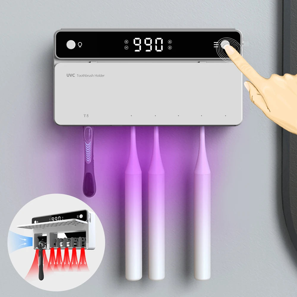 UV-tandenborstelhouder, oplaadbaar, sneldrogend, opberg- en sterilisator voor tandenborstels en scheermesjes met LED-display, badkameraccessoires