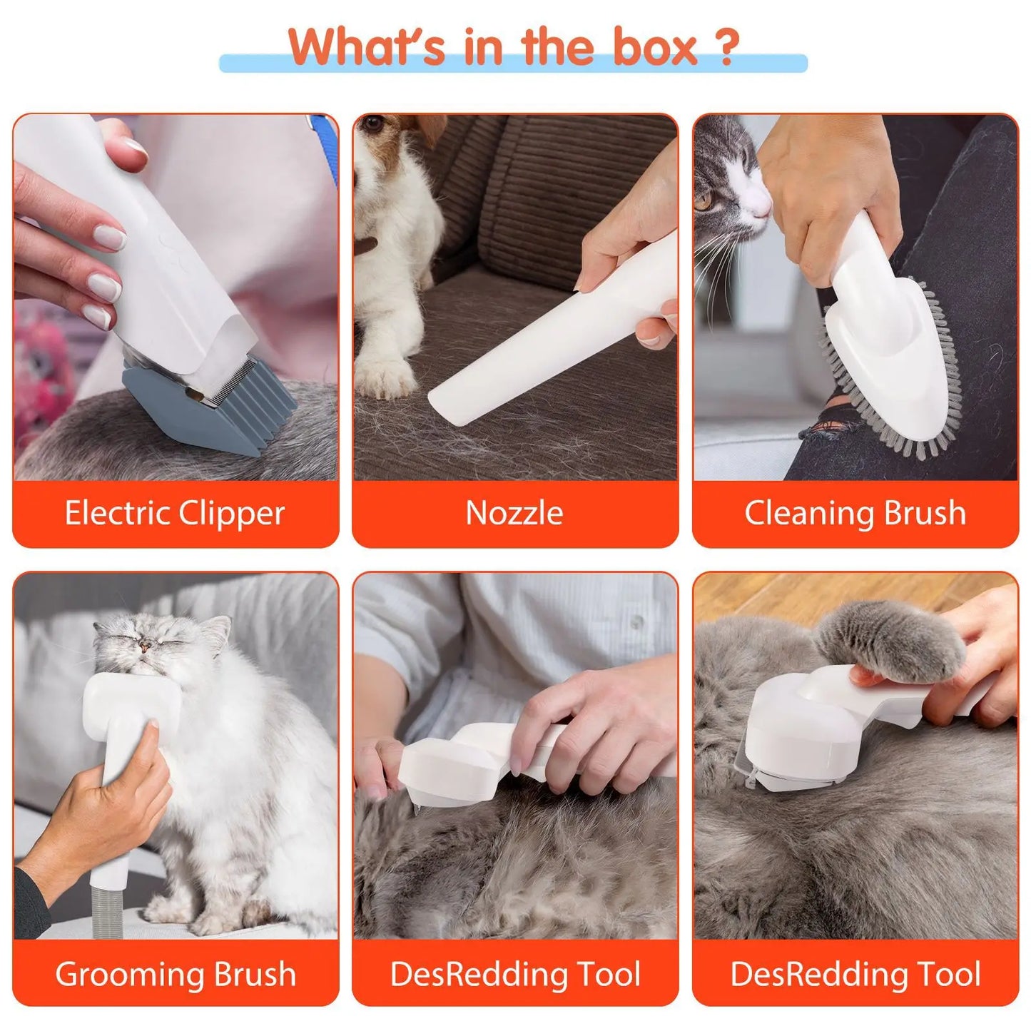 MicroData 2,5L multifunctionele verzorgings- en stofzuigerset voor huisdieren met elektrische borstels en kammen, geschikt voor katten en honden.