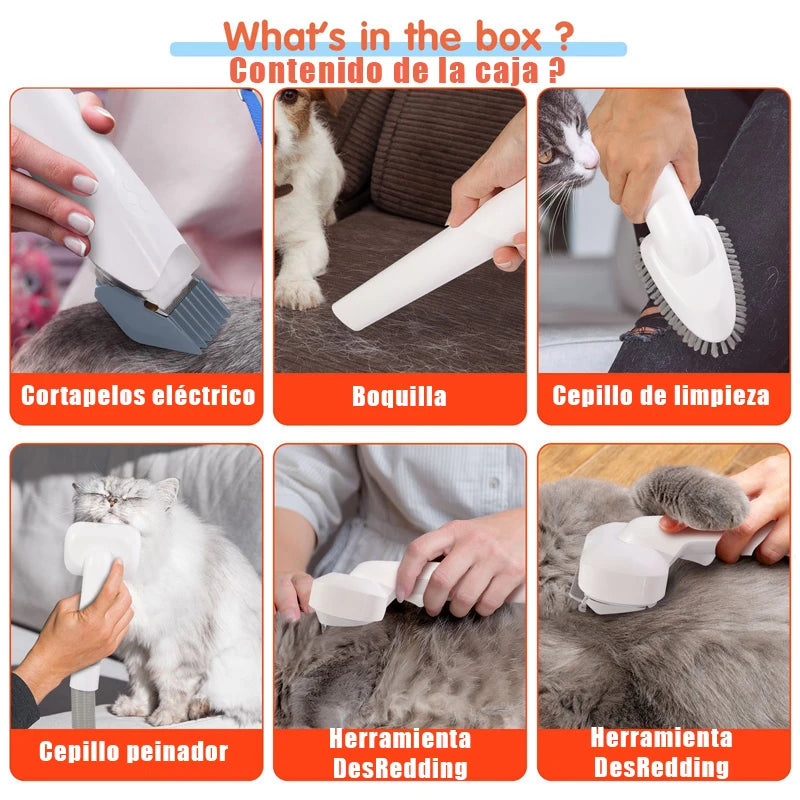 MicroData 2,5L multifunctionele verzorgings- en stofzuigerset voor huisdieren met elektrische borstels en kammen, geschikt voor katten en honden.